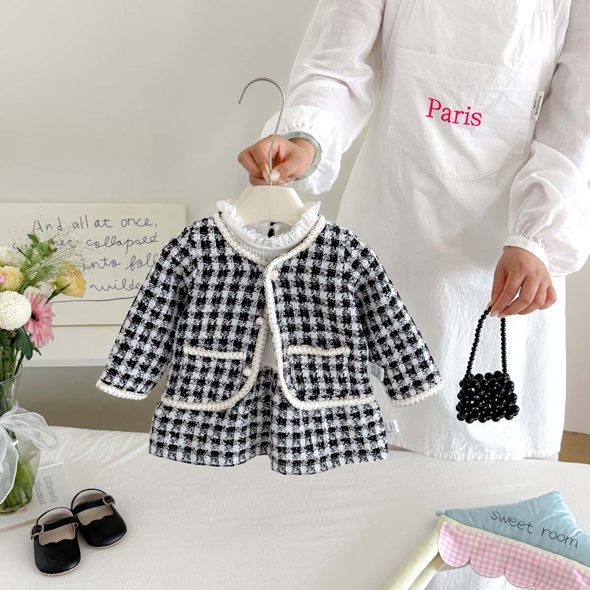 Baby Clothing Dresser - Setelan Dua Potong Tweed Kotak-kotak Hitam